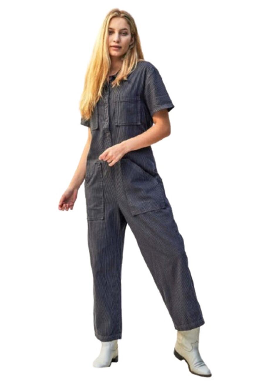LACAUSA Womens Railroad Lucky Jumpsuit XS Dark Blue Gray Stripe Short Sleeve NWT